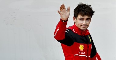 Ferarri's Charles Leclerc reacts after taking pole position at F1 Azerbaijan GP, Baku, Azerbaijan, June 11, 2022. (EPA Photo)