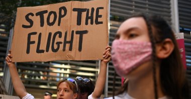 Human rights protesters demonstrate outside the Home Office in London, U.K., June 13, 2022. (EPA Photo)