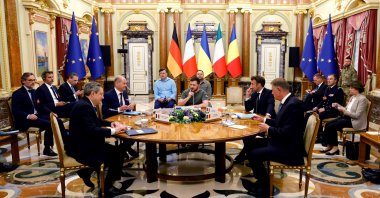 Italian Prime Minister Mario Draghi (L), German Chancellor Olaf Scholz ( 2nd L), Ukrainian President Volodymyr Zelenskyy (C), French President Emmanuel Macron (2nd R), and Romanian President Klaus Iohannis meet for a working session in Mariinsky Palace, Kyiv, Ukraine, June 16, 2022. (AP Photo)