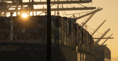 The MSC Kalina shipping container is moored at Maersk APM Terminals Pacific at the Port of Los Angeles, U.S., Nov. 30, 2021. (AP Photo)