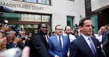 U.S. actor Kevin Spacey leaves the Westminster Magistrates' Court in London after attending the opening of his trial in which he faces charges of four counts of sexual assault, Britain, June 16, 2022. (AFP Photo)