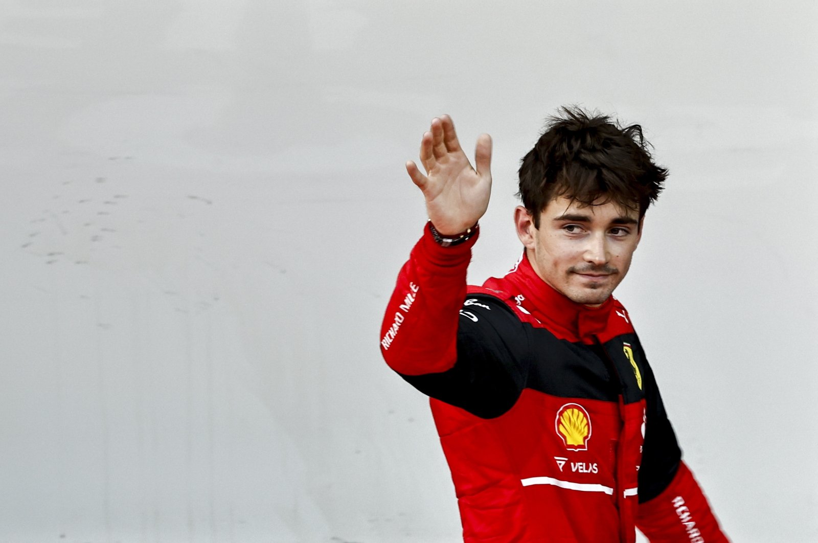 Ferarri&#039;s Charles Leclerc reacts after taking pole position at F1 Azerbaijan GP, Baku, Azerbaijan, June 11, 2022. (EPA Photo)
