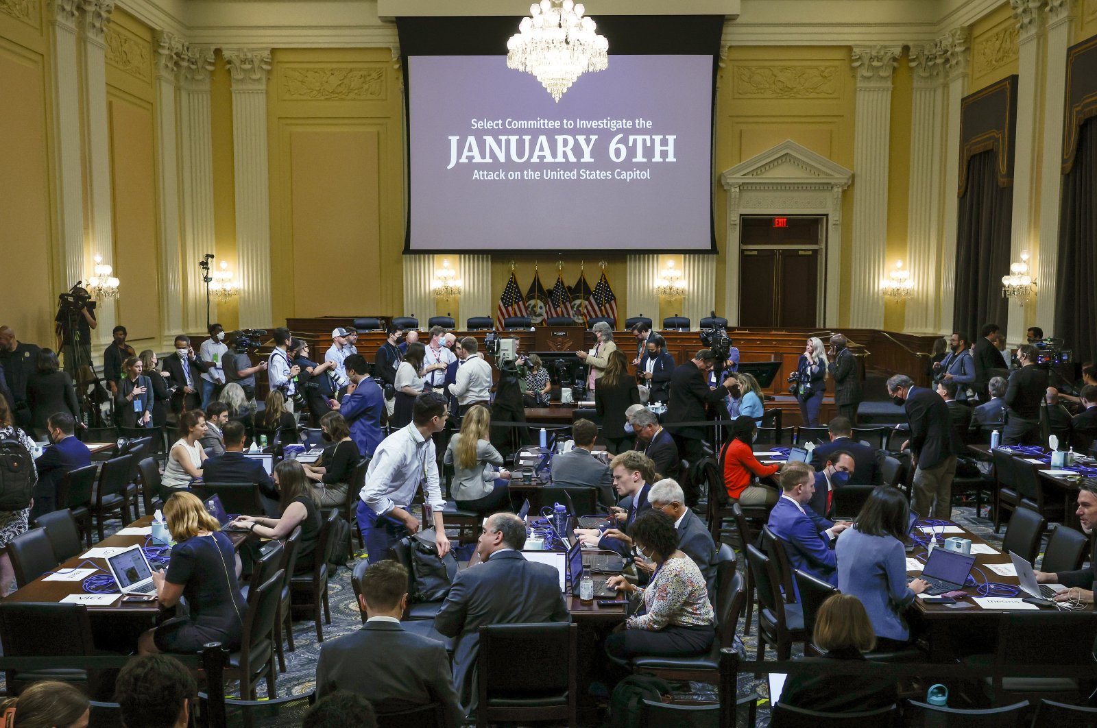 People arrive before a hearing of the House select committee investigating the Jan. 6, 2021, attack on the Capitol at the Capitol in Washington, U.S., June 16, 2022. (Drew Angerer/Pool Photo via AP)