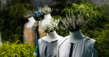 White mannequins , with heather on a dark green forest background. (Shutterstock Photo)