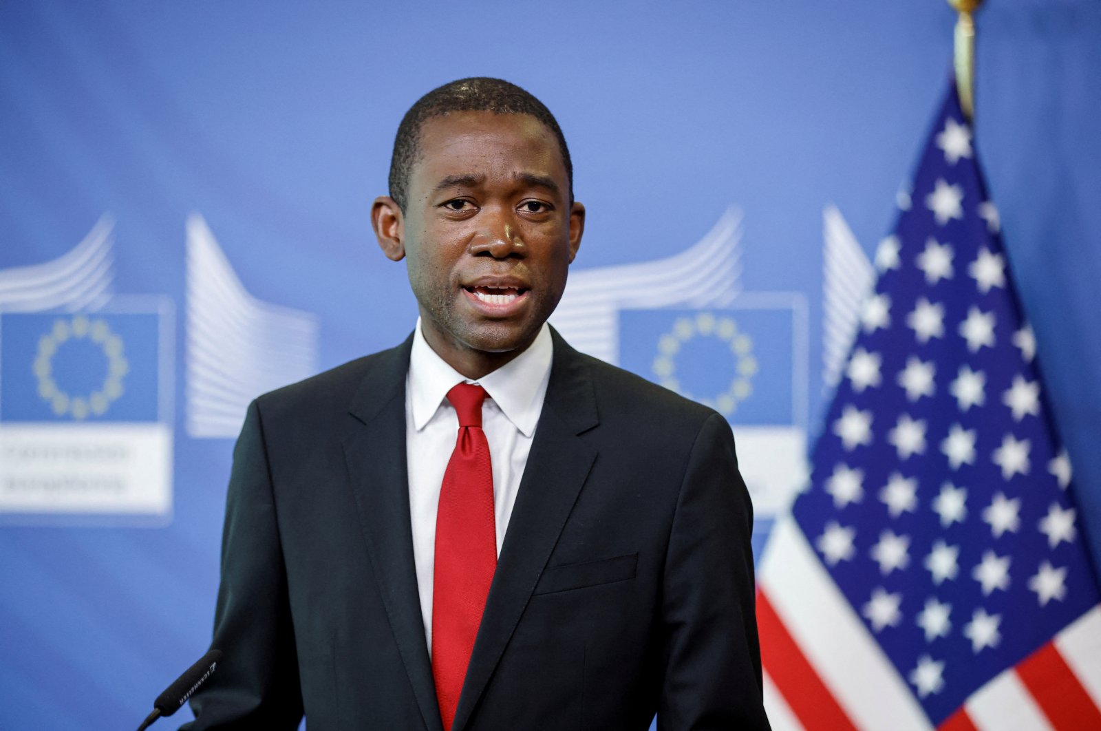 U.S. Deputy Treasury Secretary Wally Adeyemo speaks during a joint news conference with EU Commissioner McGuinness (not pictured) in Brussels, Belgium, March 29, 2022. (Reuters Photo)