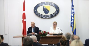Foreign Minister Mevlüt Çavuşoğlu (L) and Foreign Minister of Bosnia-Herzegovina Bisera Turkovic (R) attend a joint press conference after meeting in Sarajevo, Bosnia-Herzegovina, June 18, 2022. (AA Photo)