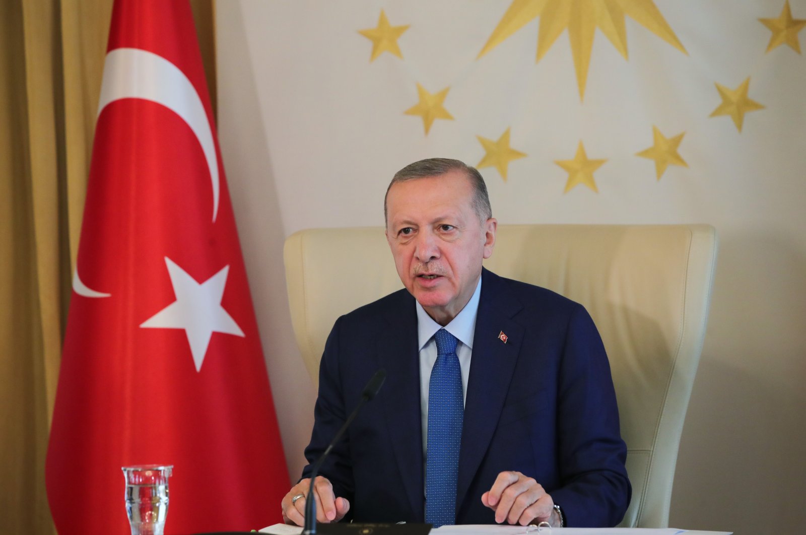 President Recep Tayyip Erdoğan attends the Major Economies Forum on Energy and Climate via video link, Istanbul, Turkey, June 17, 2022. (AA Photo)
