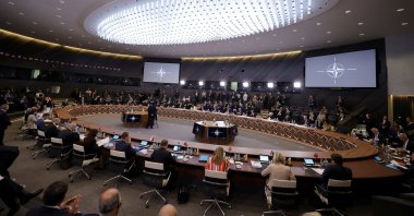 A general view of the North Atlantic Council during a meeting of NATO defense ministers at NATO headquarters in Brussels, Belgium, June 16, 2022. (AP Photo)