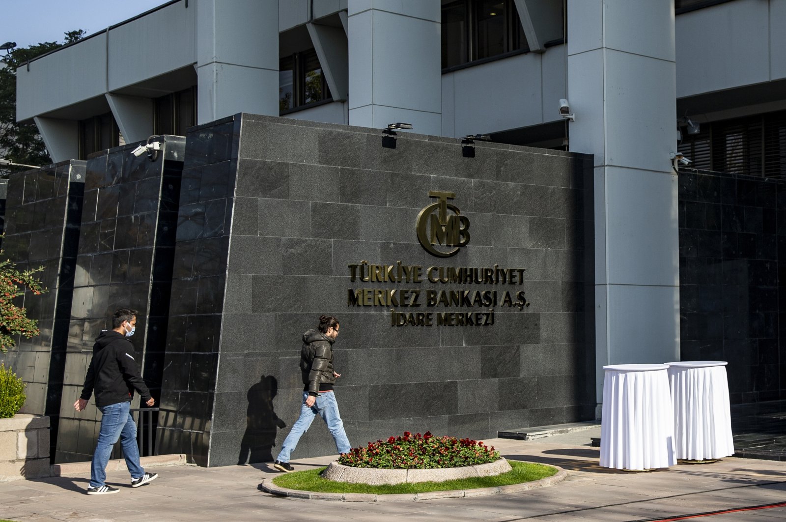 The logo of the Central Bank of the Republic of Turkey (CBRT) at the entrance of the bank&#039;s headquarters in the capital Ankara, Turkey, Oct. 28, 2020. (AA Photo)