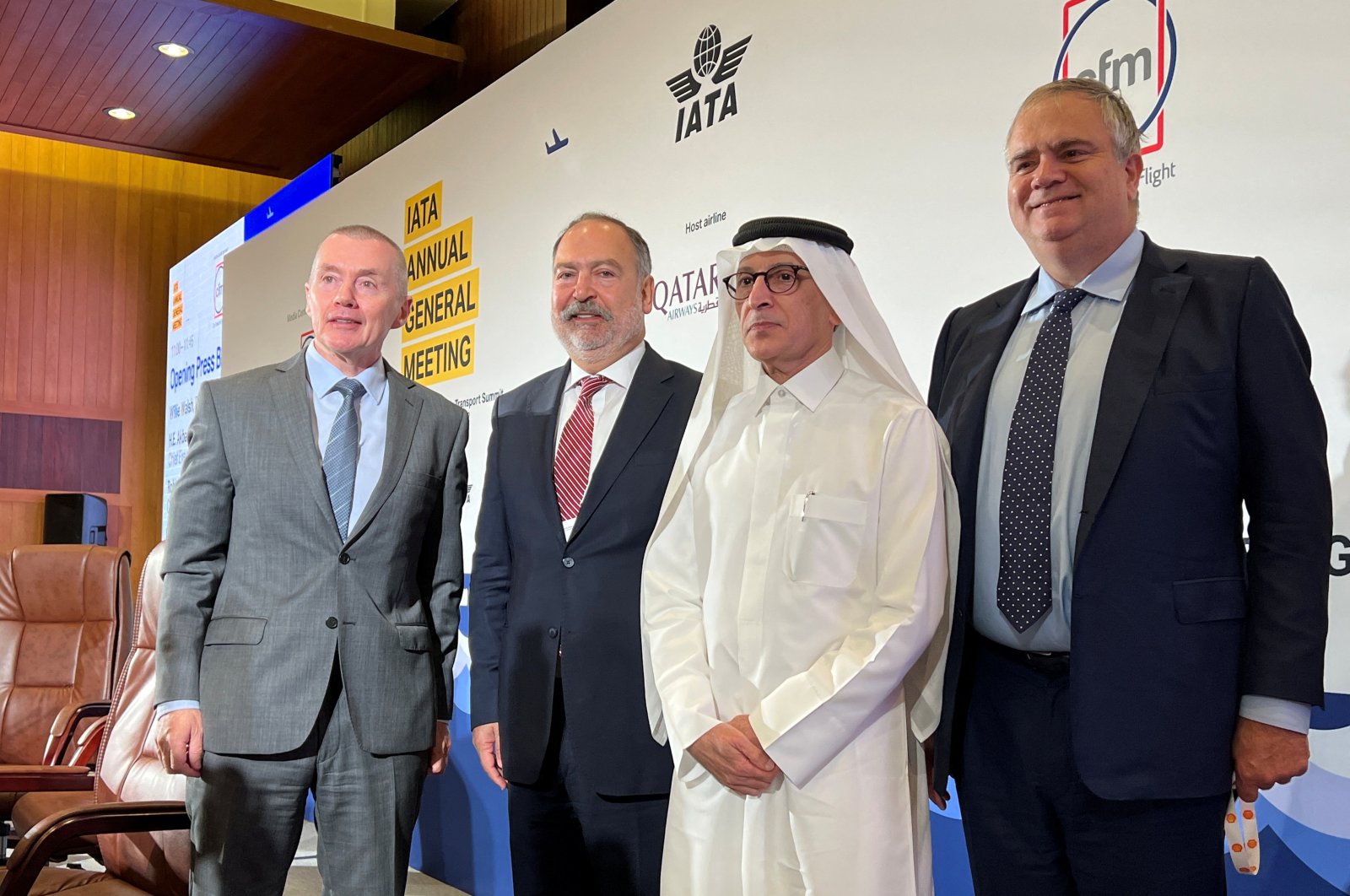 Wille Walsh, H.E Akbar Al Baker, Robin Hayes and Mehmet Tevfik Nane pose for a photograph after the opening press briefing at 78th global airline industry body IATA&#039;s annual meeting in Doha, Qatar June 20, 2022. (Reuters Photo)