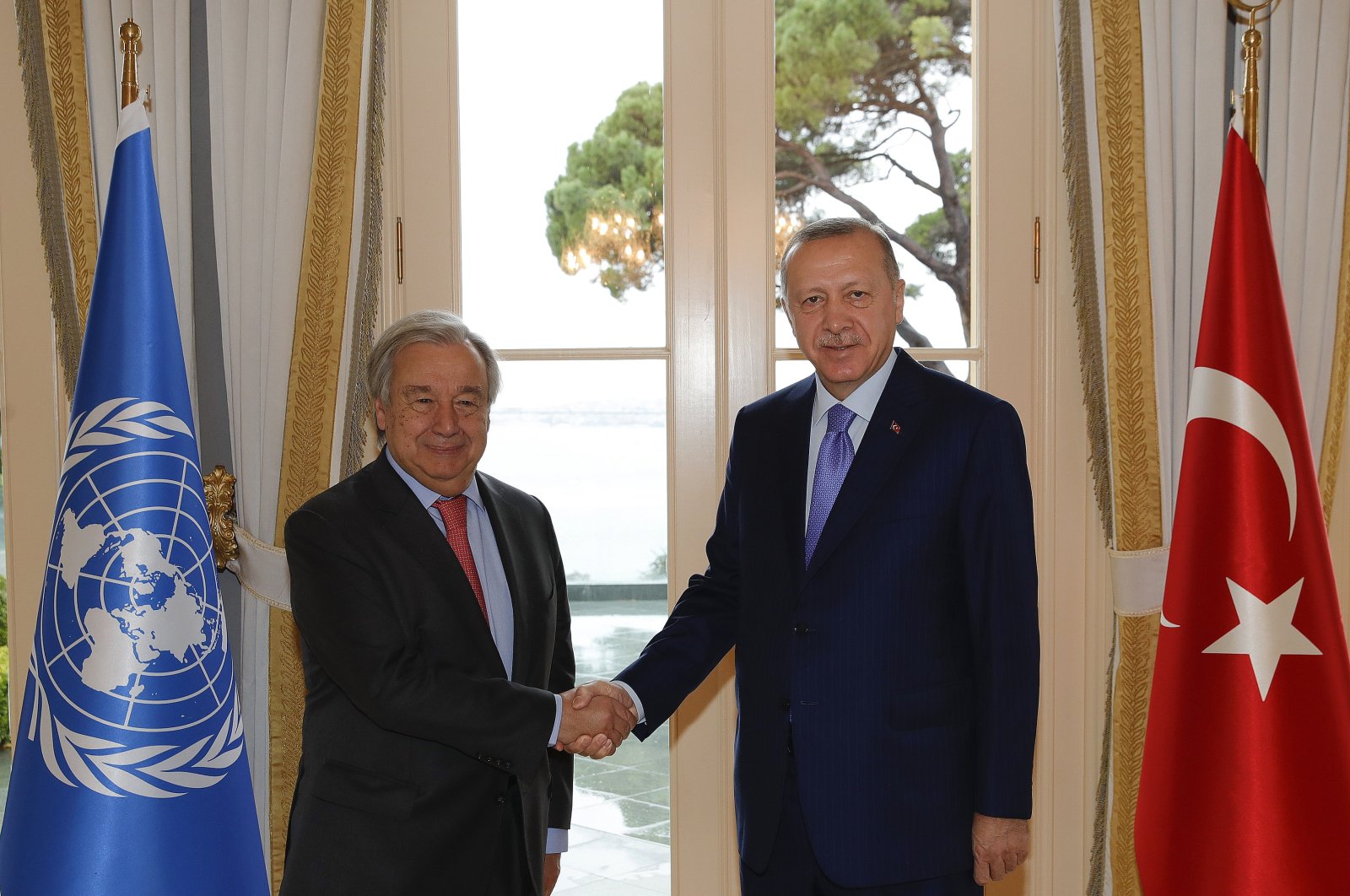 President Recep Tayyip Erdoğan shakes hands with U.N. Secretary-General Antonio Guterres in Istanbul, Turkey, Nov. 1, 2019. (AA Photo)