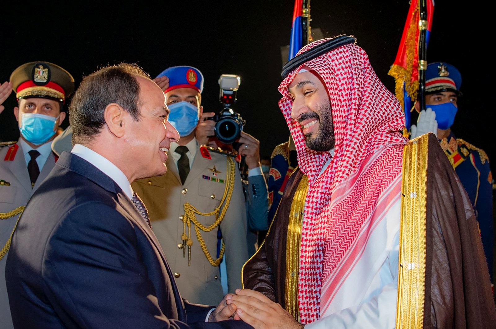 Saudi Crown Prince Mohammed bin Salman is received by Egyptian President Abdel-Fattah el-Sissi upon his arrival in Cairo, Egypt, June 20, 2022. (Saudi Press Agency/Handout via REUTERS)