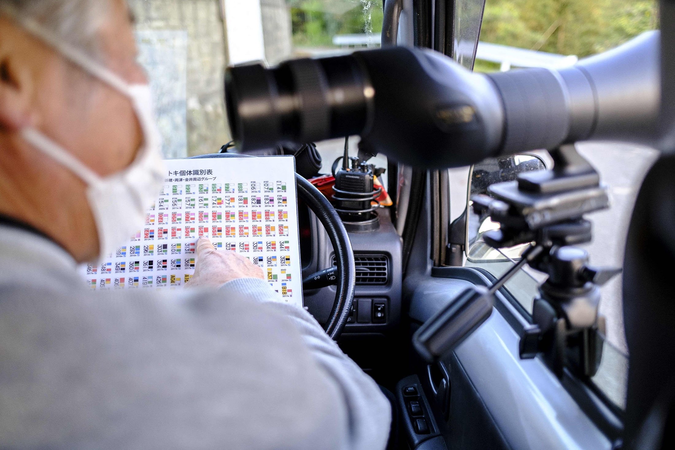 Masaoki Tsuchiya checks an identification register while looking for toki birds with a spotting scope clamped to his van window on Sado island, Niigata prefecture, Japan, May 8, 2022. (AFP Photo)
