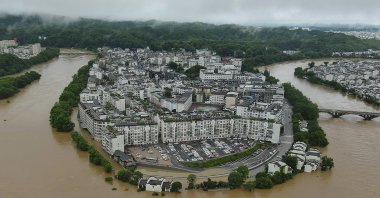 An aerial photo shows flooded areas of Wuyuan county, Jiangxi, southeastern China, June 20, 2022. (Xinhua via AP)