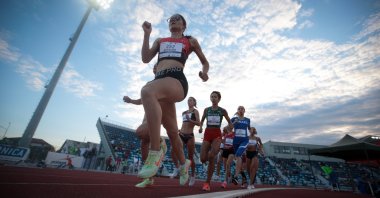Turkey Şilan Ayyıldız leads the women&#039;s 1500-meter race at the 75th Balkan Athletics Championships held in Craiova, Romania, June 19, 2022. (AA Photo)
