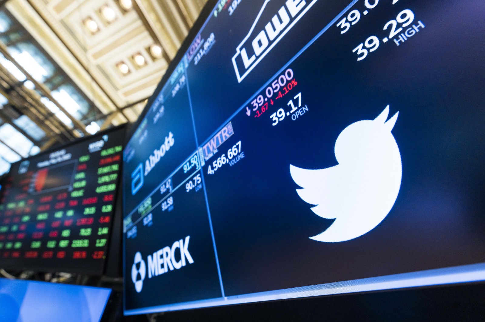 A screen shows the logo of Twitter on the floor of the New York Stock Exchange, New York, U.S., May 16, 2022. (EPA-EFE Photo)