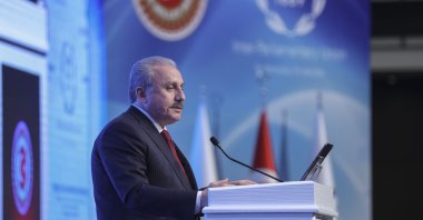 Parliament Speaker Mustafa Şentop speaks at the Global Parliamentary Conference on Migration, Ankara, Turkey, June 21, 2022. (AA Photo)