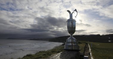 The British Open trophy is seen at Royal Portrush, Dunluce course, Northern Ireland, April 2, 2019. (AP Photo)