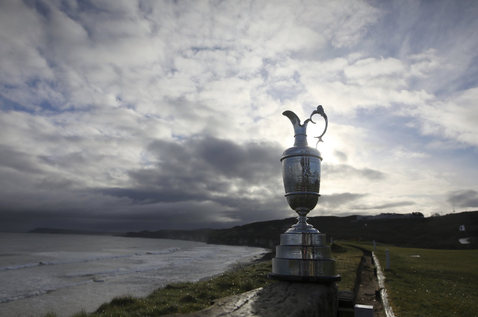 The British Open trophy is seen at Royal Portrush, Dunluce course, Northern Ireland, April 2, 2019. (AP Photo)