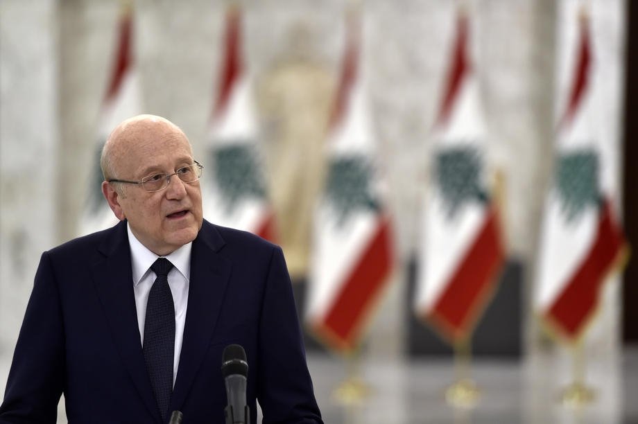 Lebanese Prime Minister Najib Mikati speaks to the media after his meeting with President Michel Aoun at the presidential palace in Baabda, east of Beirut, Lebanon, June 23, 2022. (EPA Photo)