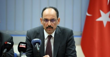Presidential Spokesperson Ibrahim Kalın addresses reporters after a NATO meeting in Brussels, Belgium, June 20, 2022. (AA)