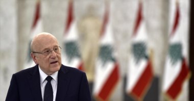 Lebanese Prime Minister Najib Mikati speaks to the media after his meeting with President Michel Aoun at the presidential palace in Baabda, east of Beirut, Lebanon, June 23, 2022. (EPA Photo)