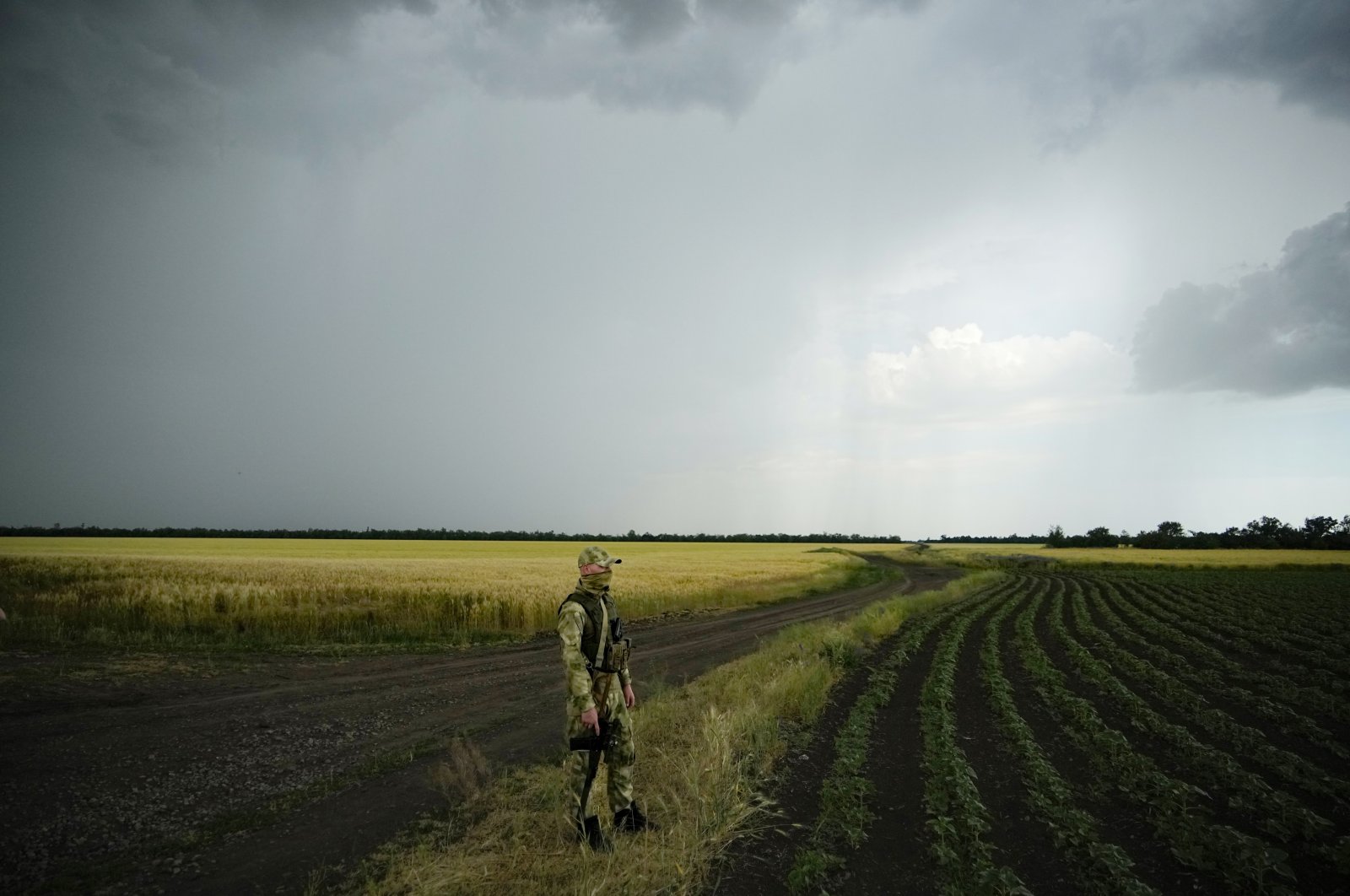  A Russian soldier guards an area next to a field of wheat as journalists work in the Zaporizhzhia region in an area under Russian military control, southeastern Ukraine, June 14, 2022. (AP Photo)