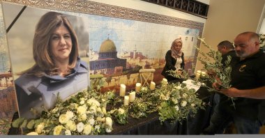 Mourners attend a memorial ceremony for Shireen Abu Akleh to mark the 40th day of the killing of the Al Jazeera journalist, Ramallah, West Bank, June 19, 2022. (AFP Photo)