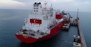 Turkey’s first floating storage and regasification unit (FSRU) Ertuğrul Gazi is seen at the port in Dörtyol in Turkey’s southern province of Hatay, Turkey, Feb. 3, 2022. (IHA Photo)