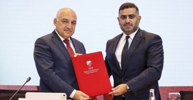 TFF President Mehmet Büyükekşi (L) and beIN Media Group CEO Yousef al-Obaidly at the signing ceremony, Istanbul, Turkey, June 23, 2022. (AA Photo)