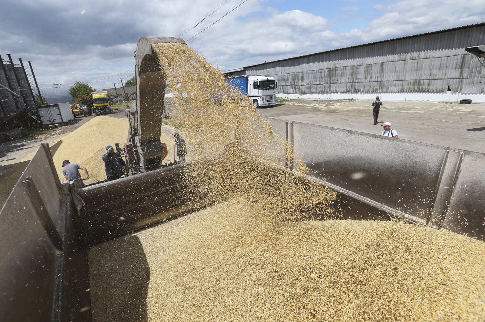 Workers load a truck with grain at a terminal during barley harvesting in the Odessa region, southern Ukraine, June 23, 2022. (EPA Photo)