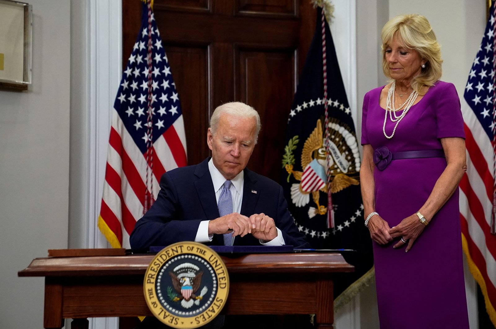 U.S. President Joe Biden prepares to sign a bipartisan federal bill on gun safety into law from the Roosevelt Room at the White House, in Washington, U.S., June 25, 2022. (Reuters Photo)