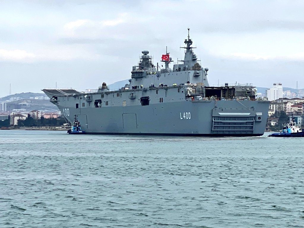 The multipurpose amphibious assault ship TCG Anadolu is seen docked at Sedef Shipyard, Tuzla, Istanbul, Turkey, in this undated photo. (Photo: @varank)