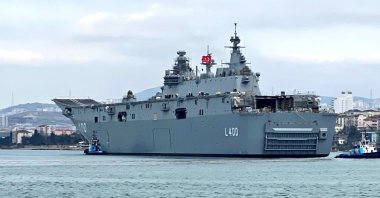 The multipurpose amphibious assault ship TCG Anadolu is seen docked at Sedef Shipyard, Tuzla, Istanbul, Turkey, in this undated photo. (Photo: @varank)
