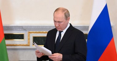 Russian President Vladimir Putin attends a meeting with his Belarusian counterpart Alexander Lukashenko in Saint Petersburg, Russia, June 25, 2022. (Sputnik/Maxim Blinov/Kremlin via Reuters)