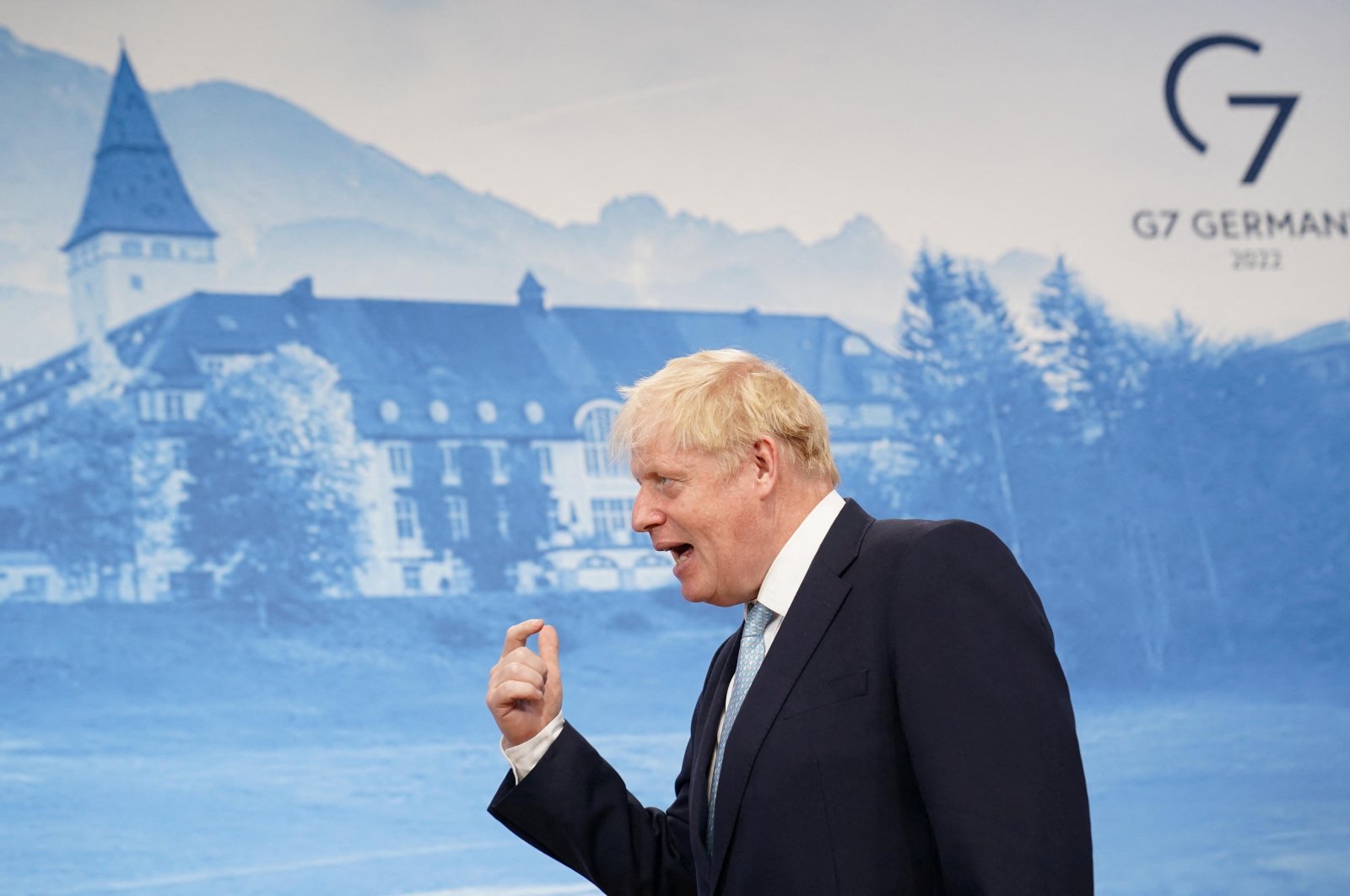 British Prime Minister Boris Johnson takes part in TV interviews during the G-7 summit in Schloss Elmau, in the Bavarian Alps, Germany, June 26, 2022. (Reuters Photo)