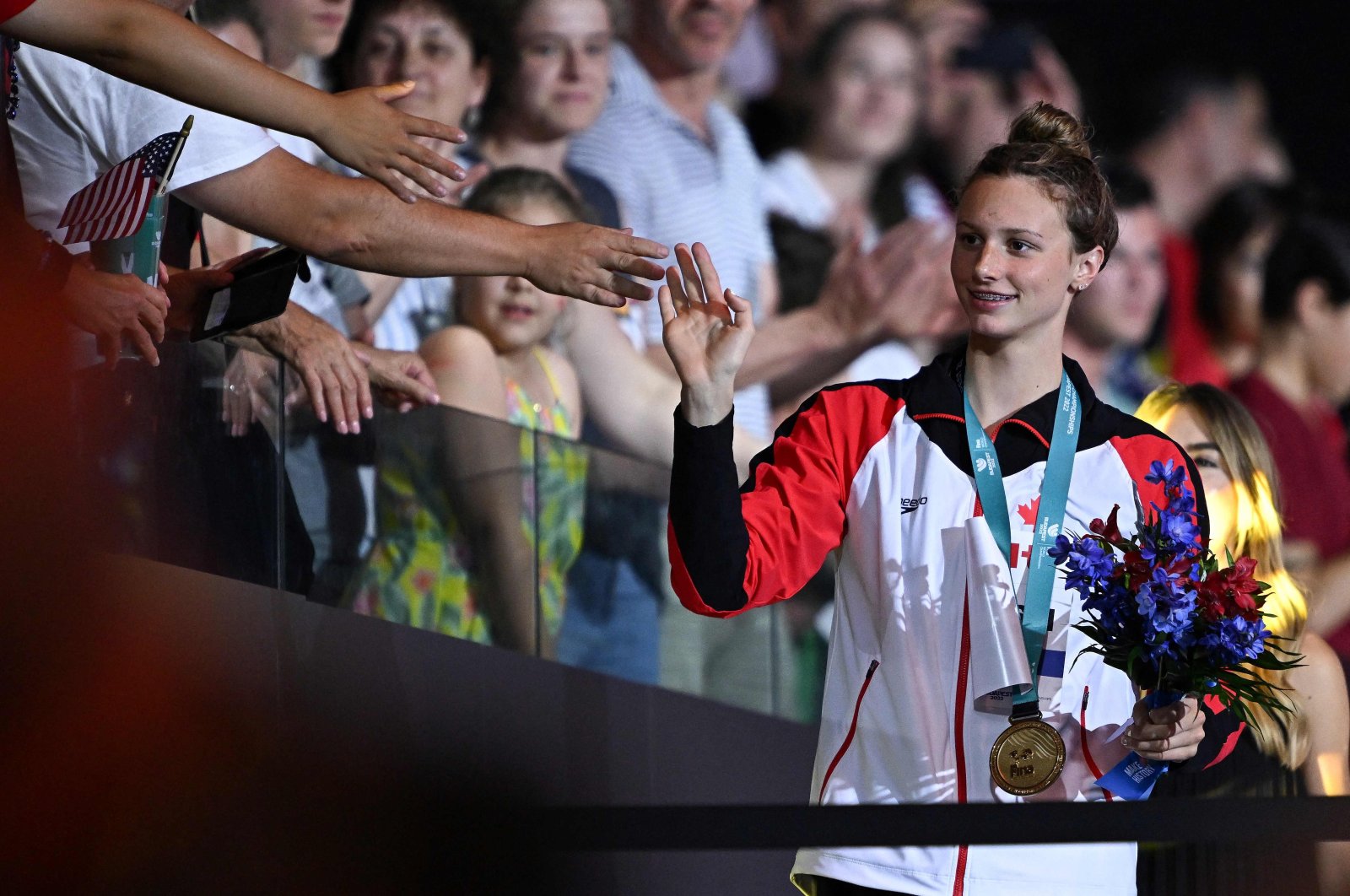 Gold medallist Canada&#039;s Summer McIntosh after winning the women&#039;s 400-meter medley finals at the World Aquatics Championships, Budapest, Hungary, June 25, 2022. (AFP Photo)