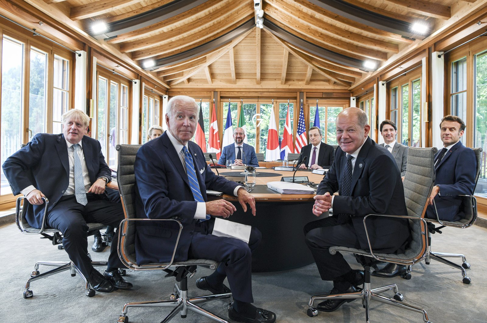 U.S. President Joe Biden (C) attends a working lunch with other G-7 leaders to discuss shaping the global economy in Castle Elmau, in Elmau, Germany, June 26, 2022. (AP Photo)
