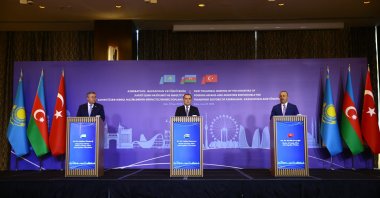 Foreign Minister Mevlüt Çavuşoğlu (R) speaks in a joint news conference with his Azerbaijani Counterpart Jeyhun Bayramov (C) and Kazakh counterpart Muhtar Tileuberdi in Baku, Azerbaijan, June 27, 2022. (AA Photo)