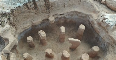 Artifacts unearthed during the excavations at Karahantepe Ruins in Şanlıurfa, one of the important settlements of the Neolithic period, will be protected by a temporary roof, Şanlıurfa, Turkey, June 22, 2022. (AA Photo)