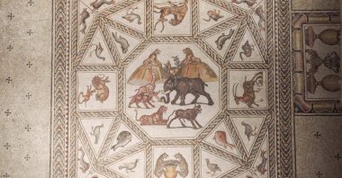 The mosaic on display during the opening of the Lod Mosaic Archaeological Center in the city of Lod, Israel, 27 June 2022. (EPA)