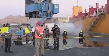 This image grab taken from a broadcast by Jordan's al-Mamlaka TV shows the site of a toxic gas leak in Aqaba port, Jordan, June 27, 2022. (Al-Mamlaka TV via AFP)