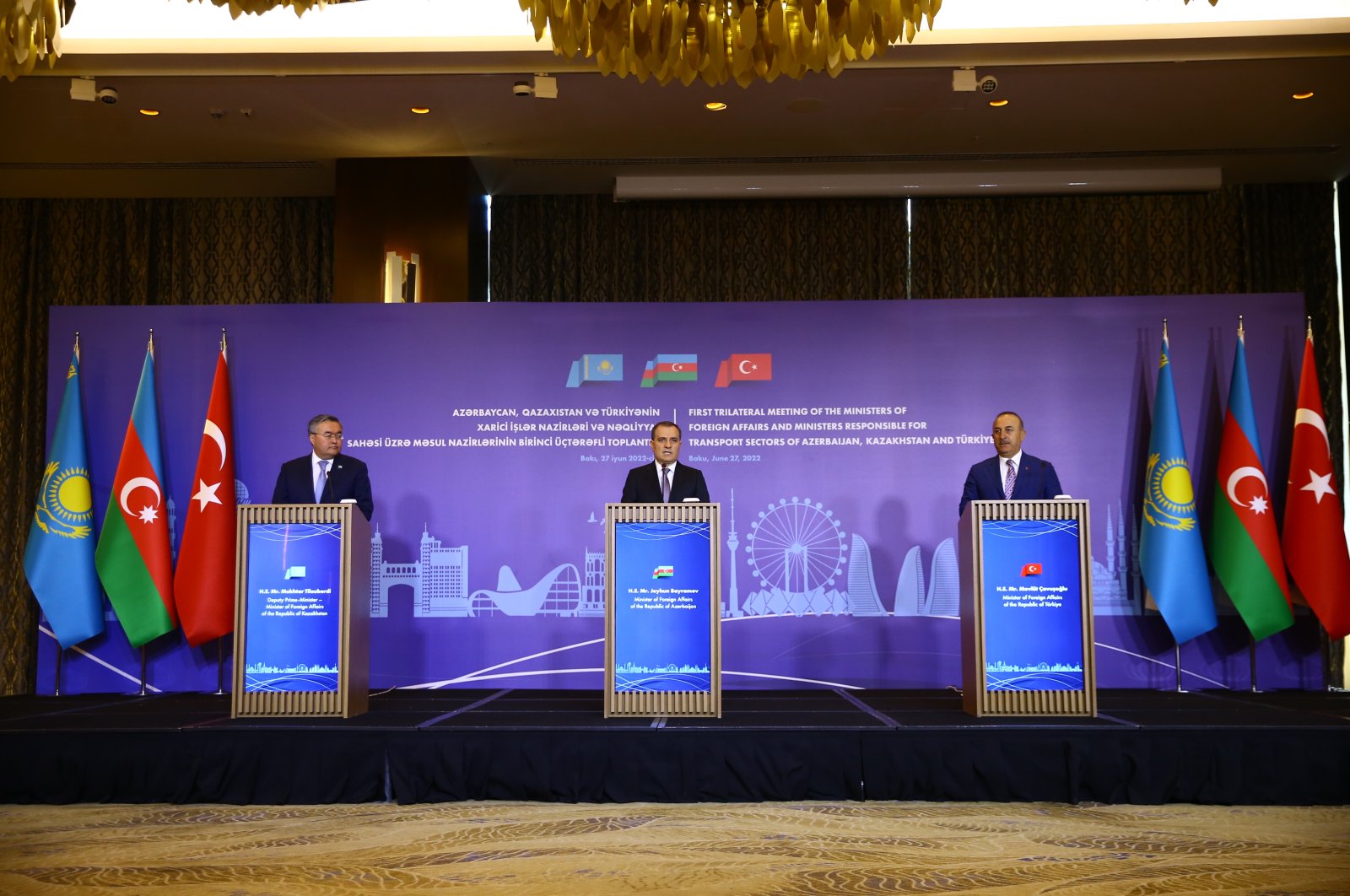Foreign Minister Mevlüt Çavuşoğlu (R) speaks in a joint news conference with his Azerbaijani Counterpart Jeyhun Bayramov (C) and Kazakh counterpart Muhtar Tileuberdi in Baku, Azerbaijan, June 27, 2022. (AA Photo)
