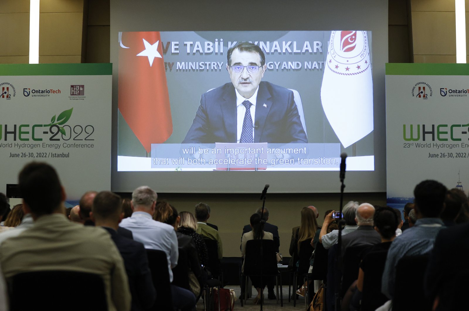 Energy and Natural Resources Minister Fatih Dönmez speaks in a video message he sent to the 23rd World Hydrogen Energy Conference, Istanbul, Turkey, June 27, 2022. (AA Photo)