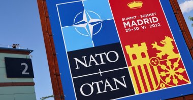 A sign for the NATO summit is seen in Madrid, Spain, June 27, 2022. (Reuters Photo)