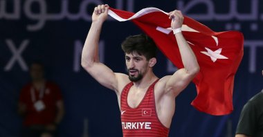 Turkey's Kerem Kamal celebrates winning gold in the Greco-Roman 60-kg final, Oran, Algeria, June 27, 2022. (AA Photo)