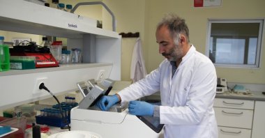 Associate professor Urartu Şeker, the chief developer of the nasal spray, works in his lab, in the capital Ankara, Turkey, June 28, 2022. (AA PHOTO)