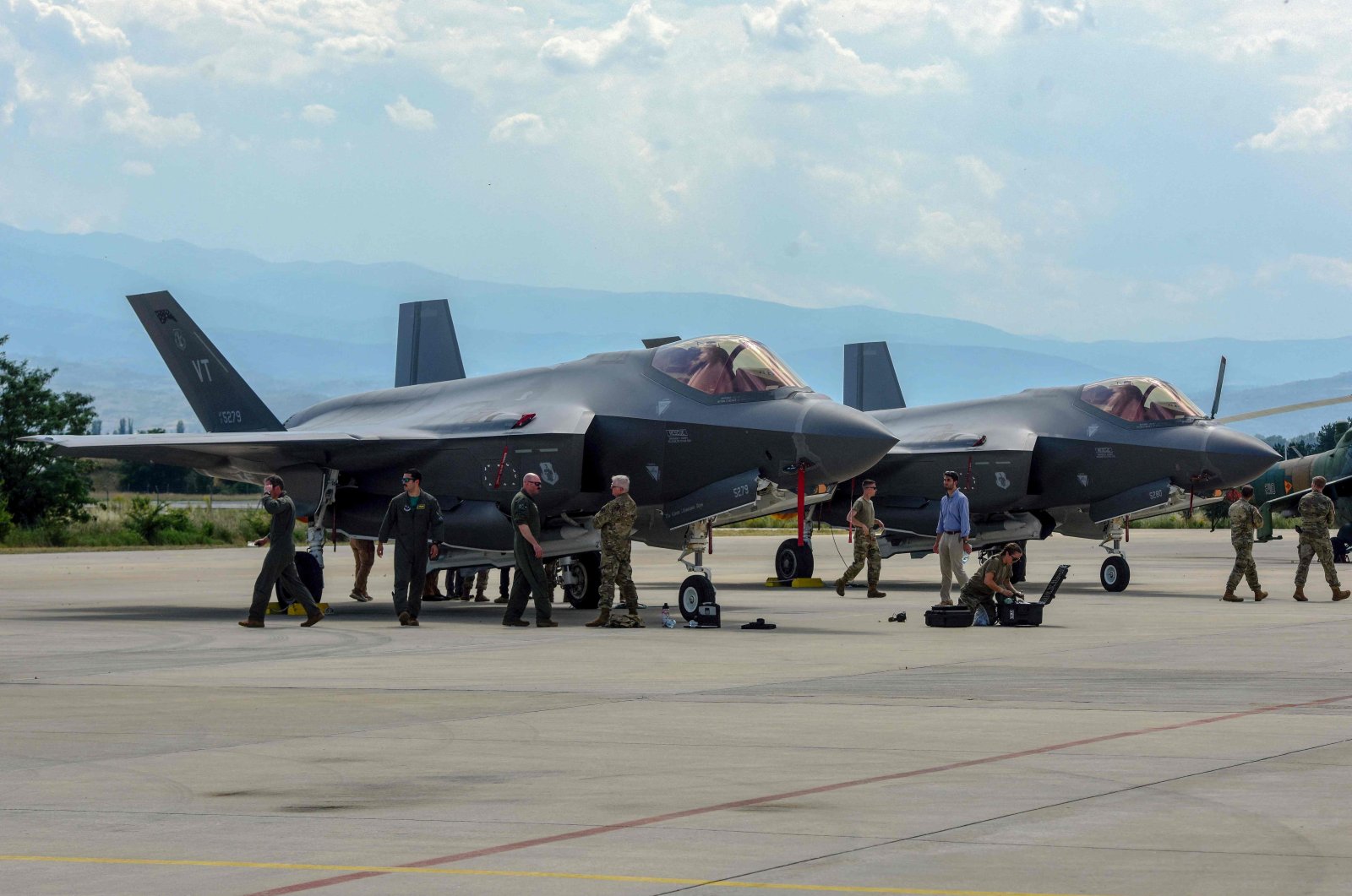 Two U.S. Air Force F-35 Lightning II aircraft from the Vermont Air National Guard 134th Fighter Squadron are seen on the tarmac after landing at the international airport Petrovec near Skopje, Macedonia, June 17, 2022 (AFP Photo)