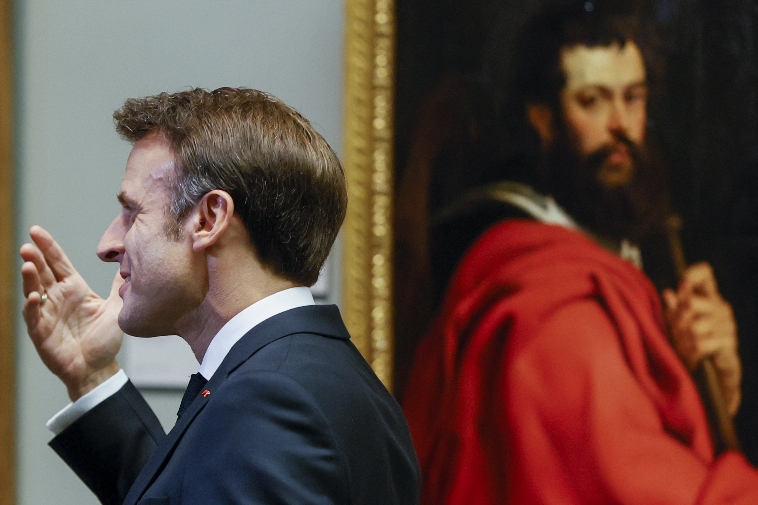 French President Emmanuel Macron arrives at Prado Museum before a dinner on the first day of the NATO Summit, Madrid, Spain, June 29, 2022. (EPA Photo)