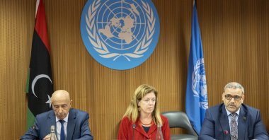 Speaker of the House of Representatives (HoR), Aguila Saleh, United Nations Special Adviser on Libya, Stephanie Williams and President of the High State Council of State (HSC), Khaled Al-Mishri, attend a High-level Meeting on Libya Constitutional Track at the United Nations in Geneva, Switzerland, June 28, 2022. (REUTERS Photo)